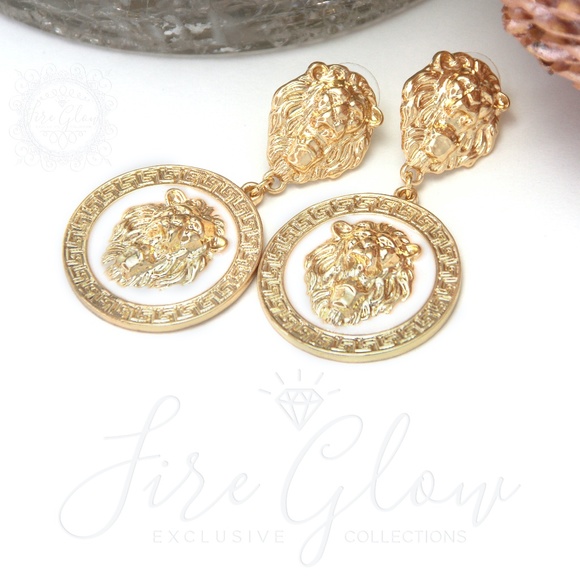 White and Gold Tone Framed Lion Earrings - Picture 2 of 8